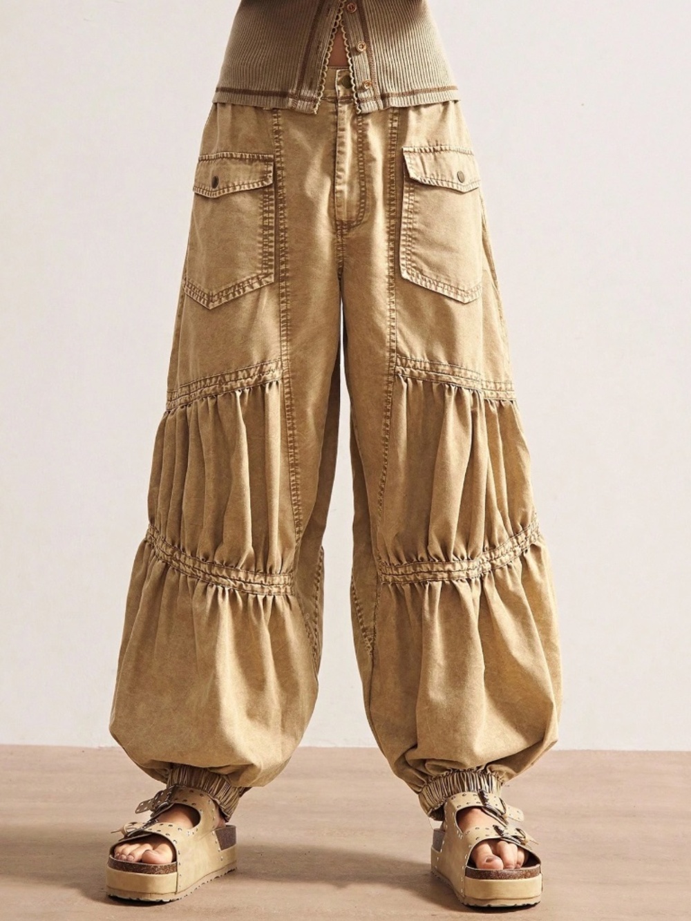 Solid Low Waist Stretchy Waist Baggy Jogger Leg Cotton pants - Picture 8 of 9
